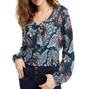Gypsies & Moondust Blue Paisley Print V-Neck Long Sleeve Smocked Waist Top L